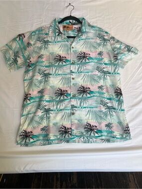 Ingear Tropical Palm Print Button-Down Shirt in Mint, Pink and Black